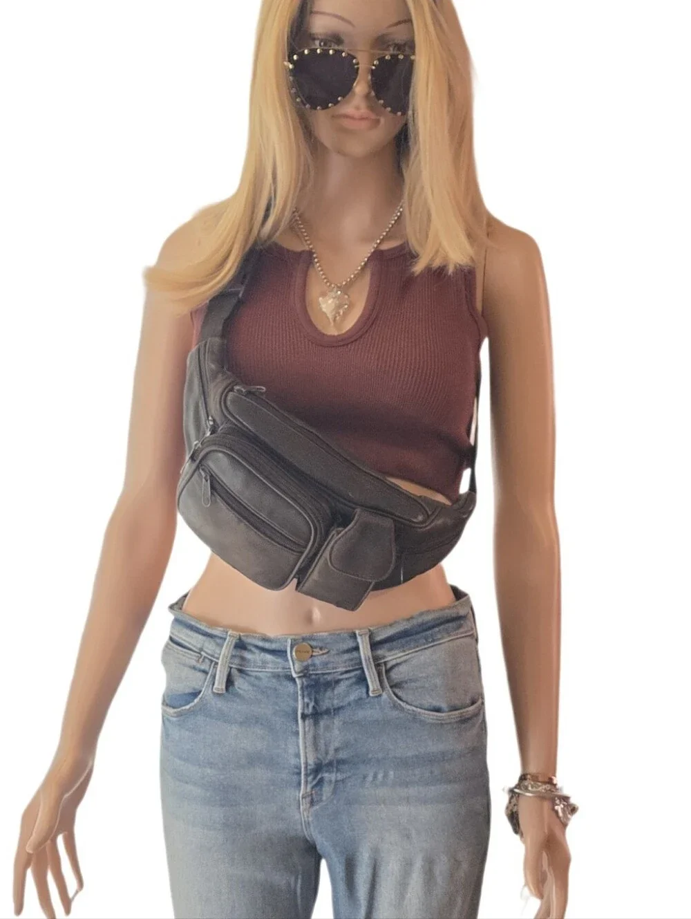 Vintage 90's Espresso Brown Distressed Lambskin Leather Fanny Pack / Waist Bag
